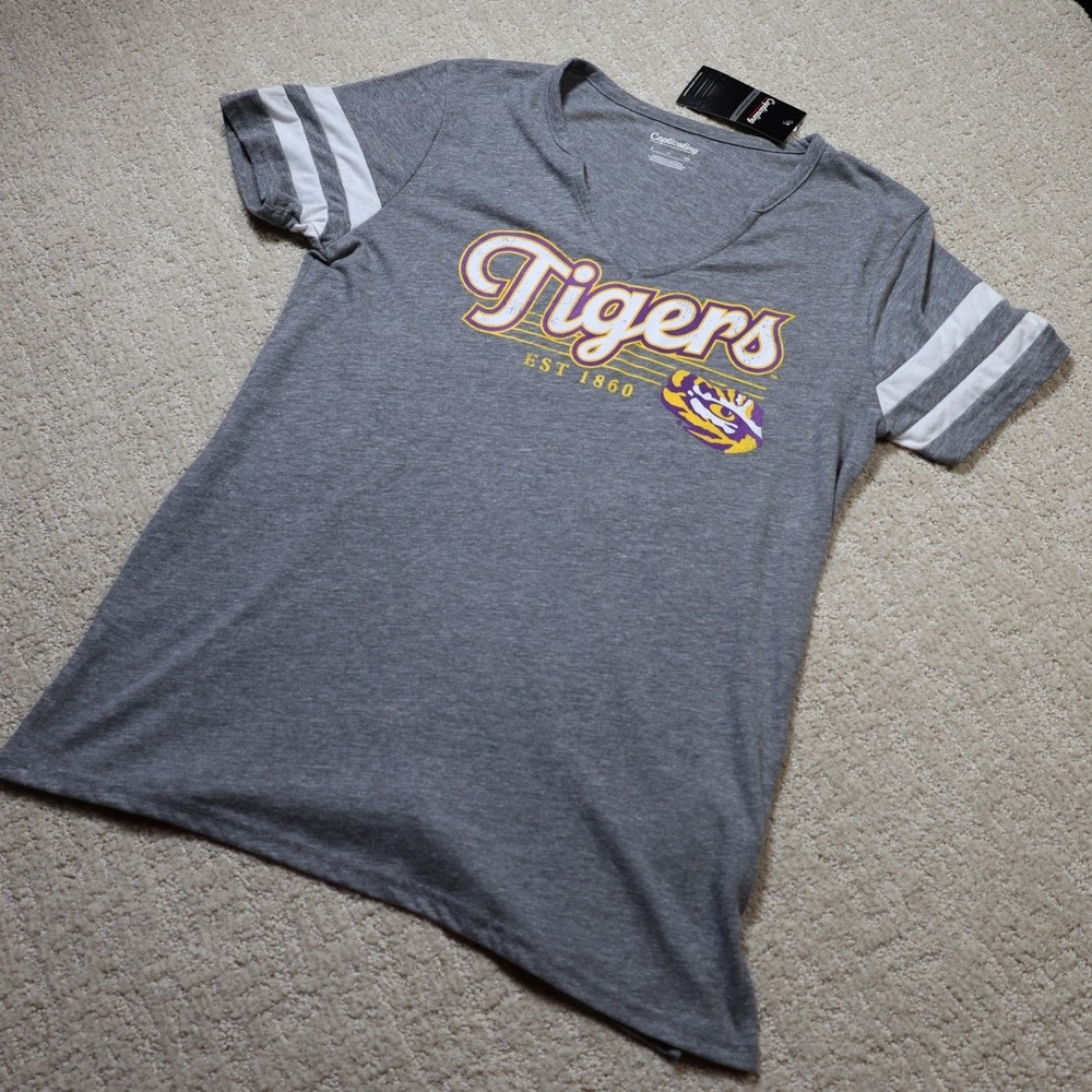 Captivating LSU Tigers Womens Gray V-Neck T-Shirt Sporty Stripe Sleeve Small NWT